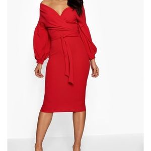 Boohoo Off-Shoulder Red Midi Dress (Evening/Party/Graduation)